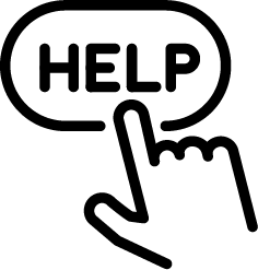 Icon of a hand clicking on a speech bubble containing the word HELP