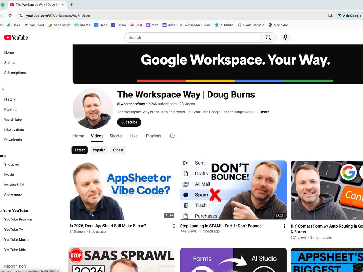 The Workspace Way YouTube channel page hosted by Doug Burns, showing recent videos
