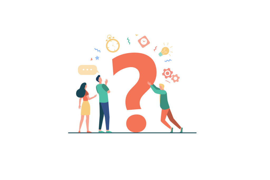 Several people around a large question market surrounded by icons for a gear, clock, and lightbulb.