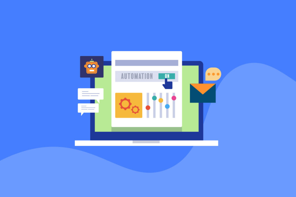 Illustration of a laptop. with the word "Automation" on the screen, and icons of an email and a robot, and some sliders for controlling settings.
