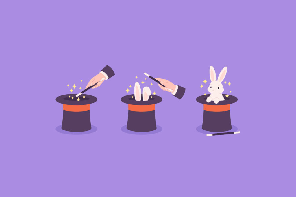 Three illustrations of magician hats. One with a hand tapping a magic wand on it, one with a magic wand and rabbit ears popping out of it, and one with the whole rabbit popping out of it.