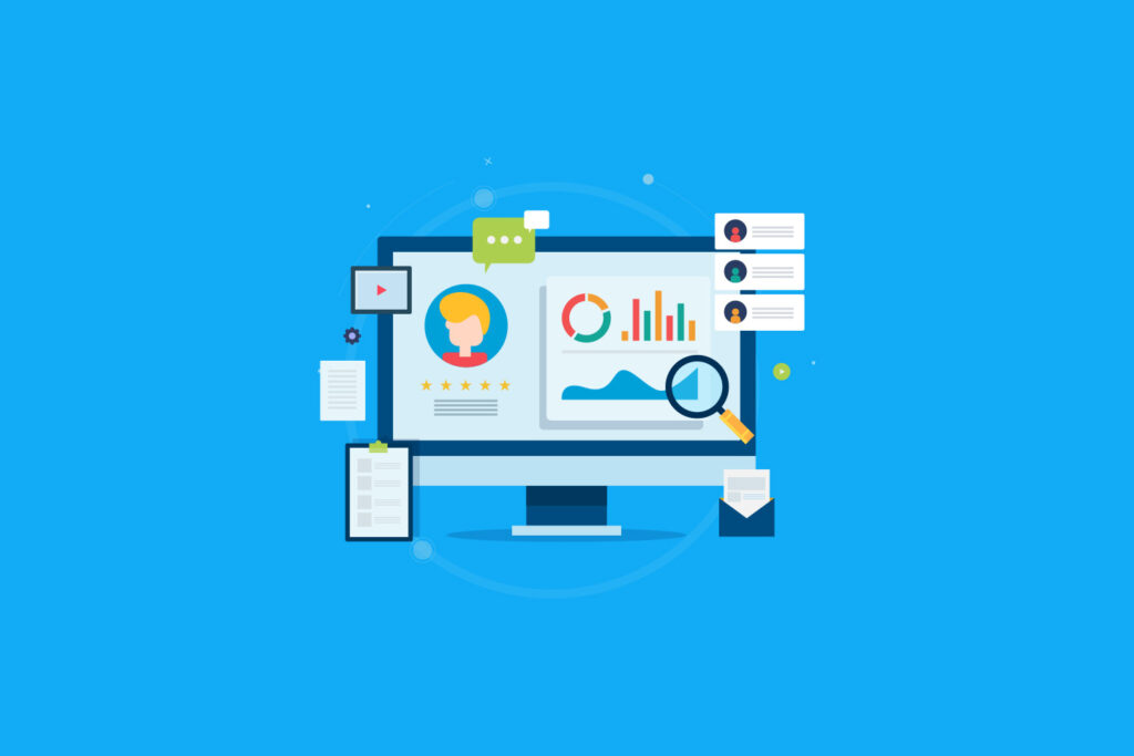 An illustration of a computer with the picture of a contact, and some graphs.