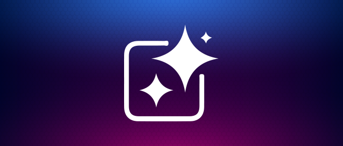In the foreground is an icon with a box overlayed with 2 "A.I. style" 4-pointed stars. In the background is a gradient that's blue at the top and purple at the bottom.
