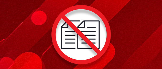 Icon of two documents crossed out with a red prohibition symbol, set against a red abstract background, indicating prevention or restriction of duplicate files.