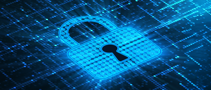 Digital illustration of a glowing blue padlock symbolizing cybersecurity, overlaid on a matrix-like background of binary code and data streams.