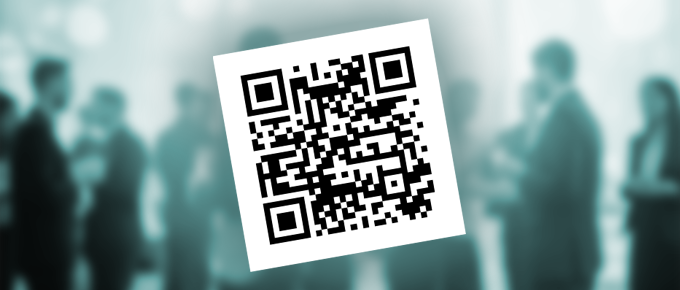 QR code displayed prominently over a blurred background of people networking or socializing at an event.
