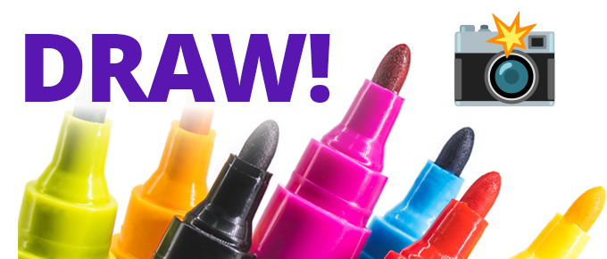 Colorful markers in a row pointing upward with the word ‘DRAW!’ in bold purple text and a camera emoji with a flash.