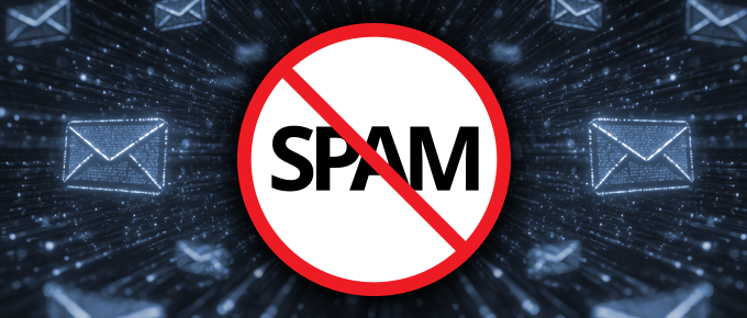A ‘no spam’ symbol with the word SPAM crossed out in a red circle, over a background of digital email icons representing electronic messages.
