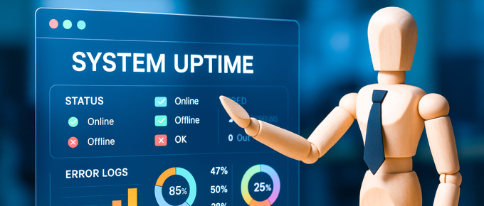 Wooden mannequin figure in a tie pointing to a digital dashboard labeled “System Uptime,” displaying system status indicators (online, offline, OK), error logs, and pie charts with percentages.