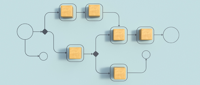 Abstract workflow diagram with wooden blocks connected by arrows and symbols, representing automation and process flow on a light blue background.