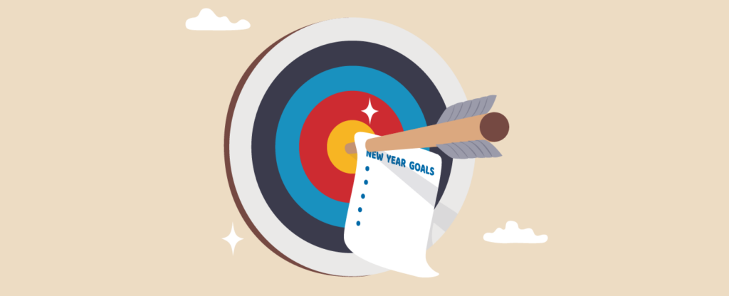 An illustrated archery target with concentric rings in dark navy, blue, red, and yellow, with an arrow hitting the bullseye. A white notepad labeled "New Year Goals" with bullet points is pinned to the target by the arrow. Small white clouds and sparkle shapes decorate the beige background.