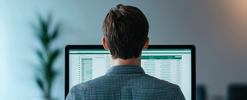 Person in checkered shirt working on a computer with data on the screen, viewed from behind.