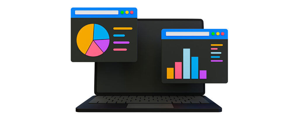 Laptop with two floating screens showing colorful pie and bar charts.