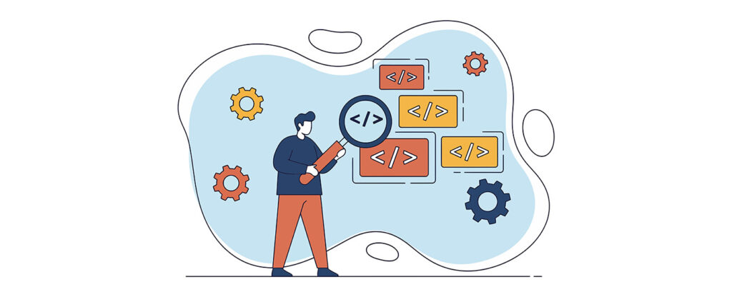 A flat-style illustration of a developer holding a magnifying glass examining code tags () displayed on overlapping colored panels in red, orange, and yellow, surrounded by gear icons on a light blue organic-shaped background.