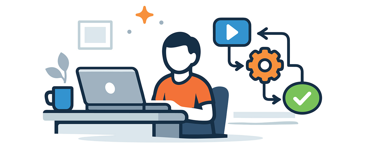 Person at desk with laptop, flowchart icons showing play button, gear, and checkmark, plant and mug nearby.