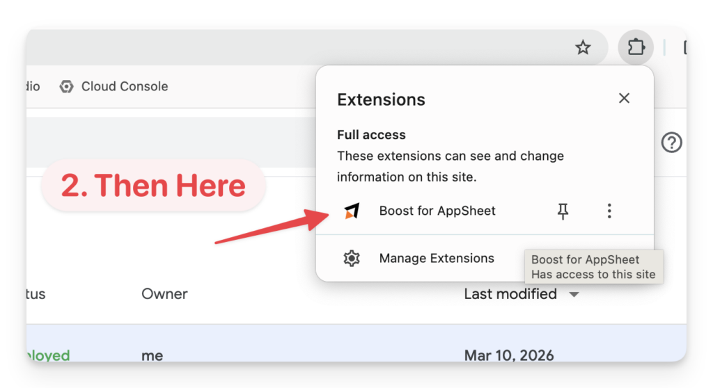 Instructions for accessing the Boost for AppSheet extension in the Cloud Console.
