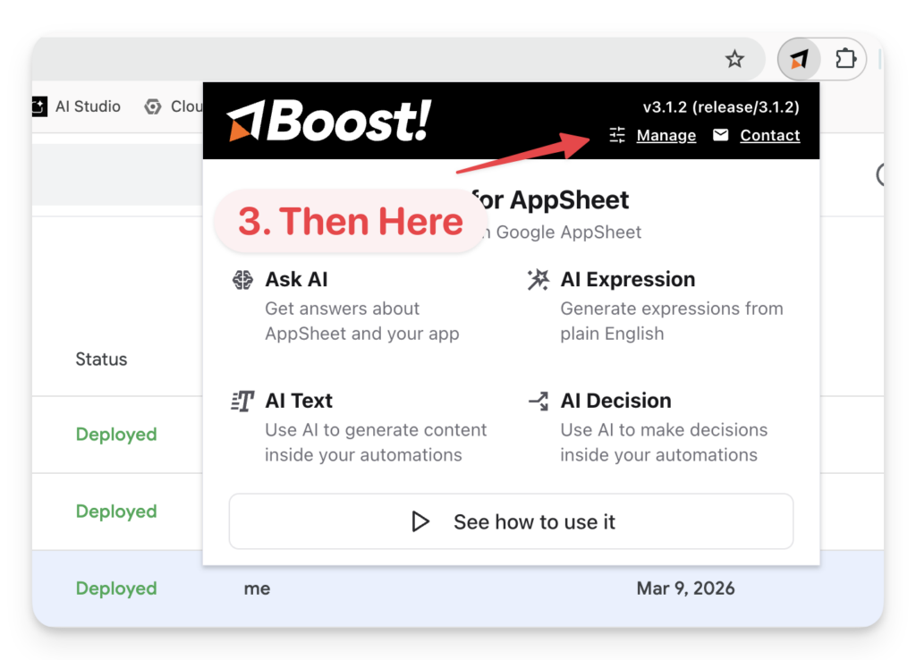 Screenshot of Boost! app interface showing menu options and instructions to select "Manage."