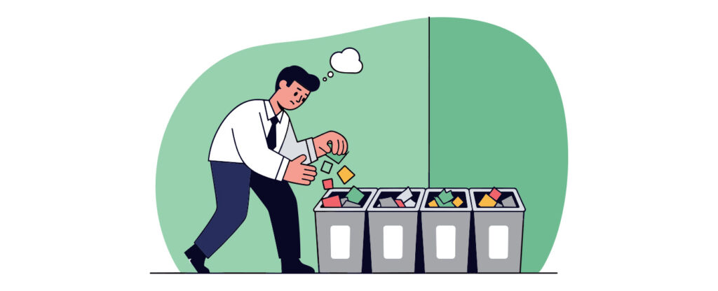 Man sorting colored papers into four recycling bins, thinking.