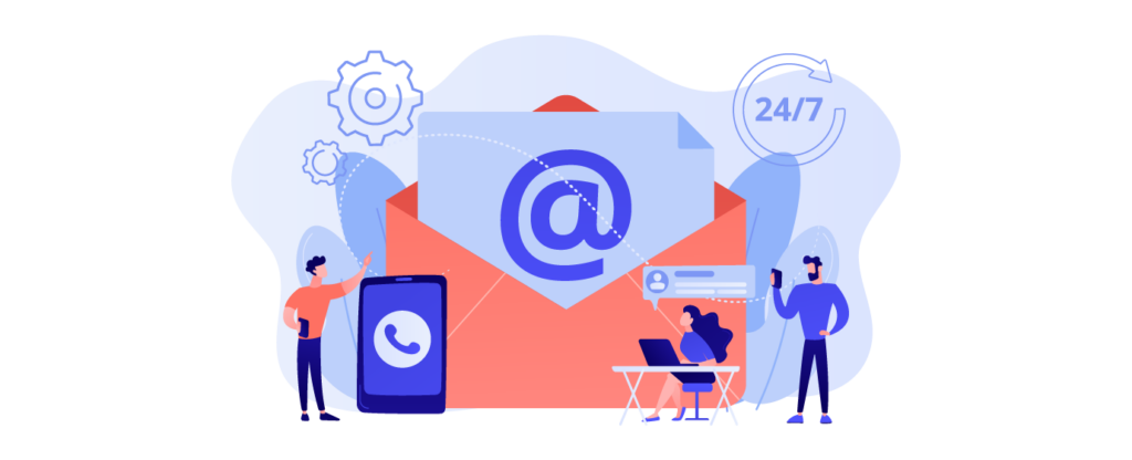 Large envelope with @ symbol, surrounded by people using devices, gears, and a 24/7 symbol.