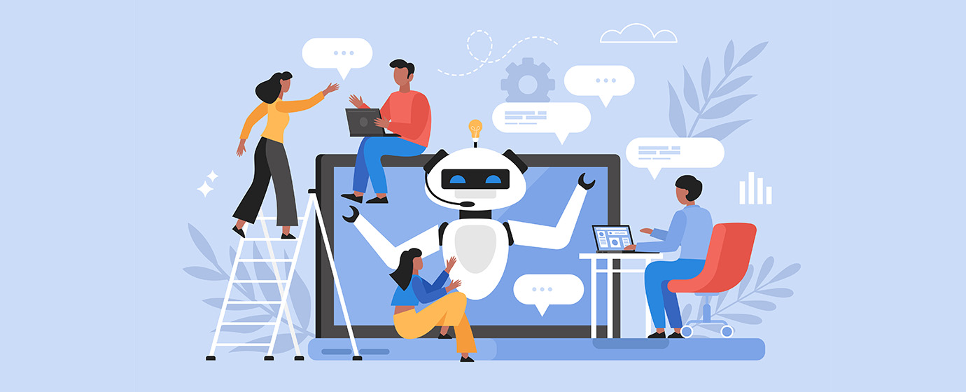 People interacting with a large robot on a screen, discussing and using laptops, surrounded by speech bubbles.