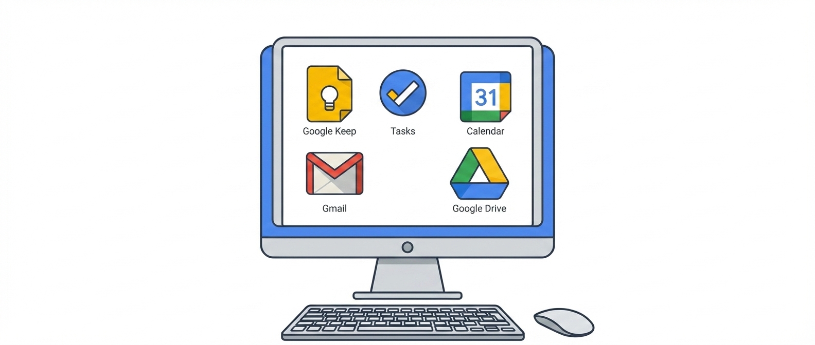 Desktop monitor displaying Google Workspace app icons including Keep, Tasks, Calendar, Gmail, and Drive