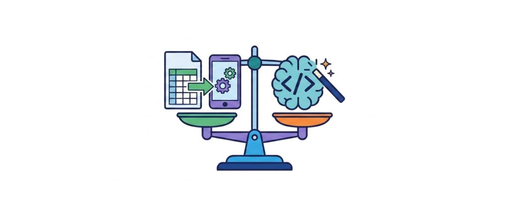A balance scale weighing AppSheet against vibe coding tools, representing the decision framework for choosing the right app-building approach