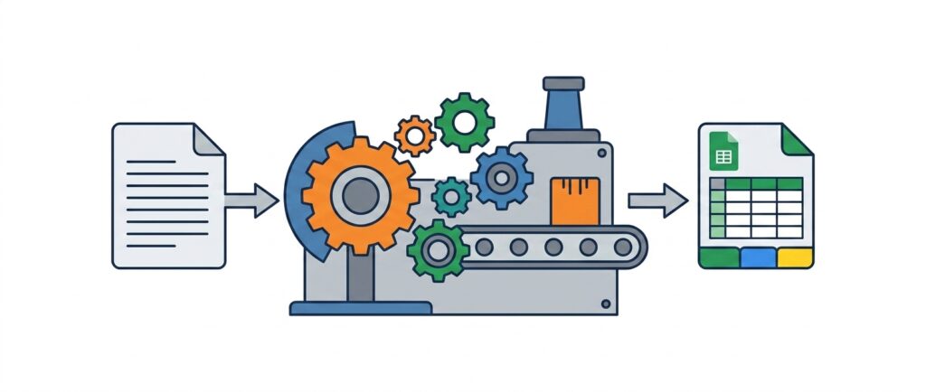 A document feeds into a gear and conveyor belt machine which outputs a Google Sheet with multiple tabs